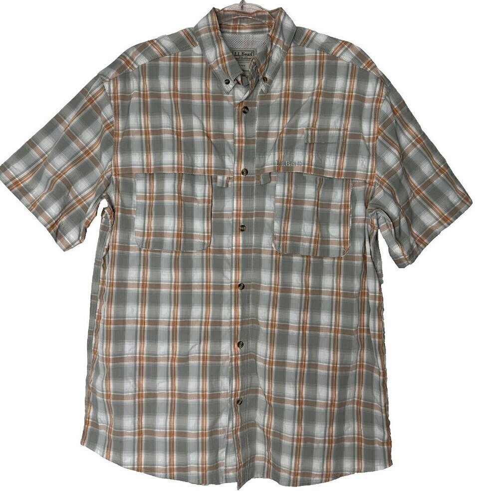 LL Bean Button Up Shirt Orange Gray Plaid M 255095 Fishing Nylon Blend